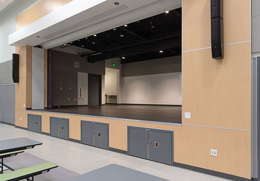 The stage face at the new Dyer-Kelly Elementary School in Sacramento County, California. Participation in this high-profile project helped to put Pro West Wall Products, Inc. on the map.